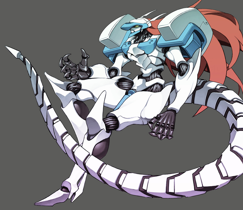 armor green_eyes grey_background guilty_gear justice_(guilty_gear) leaning_back leg_up long_hair red_hair simple_background standing standing_on_one_leg tail ysk!