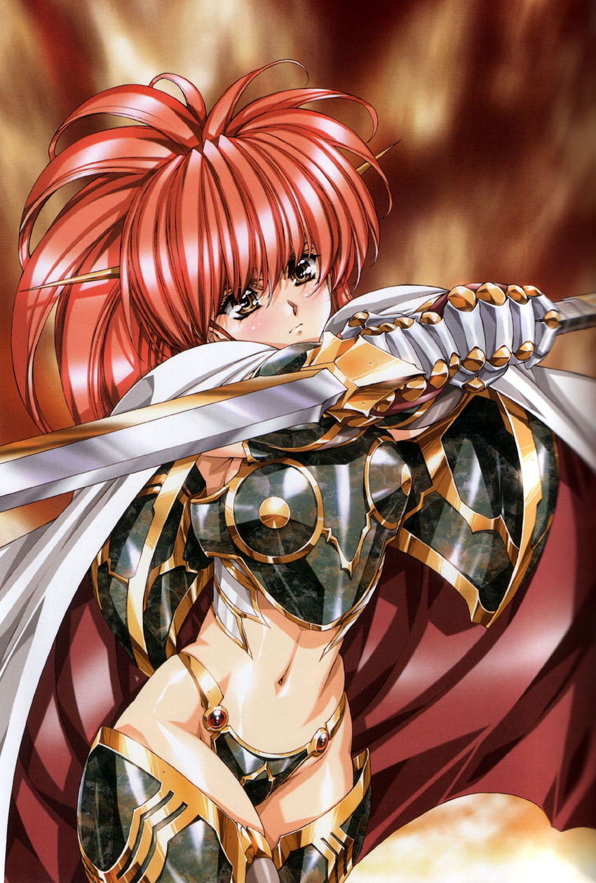 armor armpits brown_eyes cape copyright_request gauntlets highres red_hair solo sword urushihara_satoshi weapon