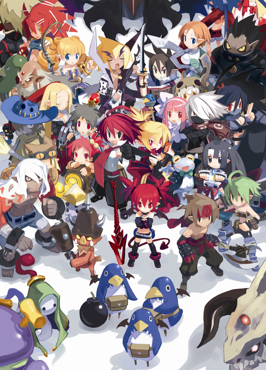 6+girls absurdres adell_(disgaea) akutare_(disgaea) archer_(disgaea) armor_knight_(disgaea) axe bat_wings beast_master_(disgaea) blonde_hair bomb bow demon_girl detached_sleeves disgaea dragon_zombie_(disgaea) etna everyone female_warrior_(disgaea) flat_chest flonne flonne_(fallen_angel) fubuki_(disgaea) geomancer_(disgaea) ghost_(disgaea) guitar gun gunner_(disgaea) hanako_(disgaea) harada_takehito healer_(disgaea) highres instrument kunoichi_(disgaea) kurtis_(disgaea) laharl mage_(disgaea) magic_knight_(disgaea) makai_senki_disgaea_2 male_warrior_(disgaea) miniskirt multiple_boys multiple_girls ninja_(disgaea) official_art orc_(disgaea) pointy_ears polearm prinny red_eyes red_hair rozalin samurai_(disgaea) sinner_(disgaea) skirt skull_(disgaea) spear staff sword tail taro_(disgaea) thief_(disgaea) tink_(disgaea) wand warslug_(disgaea) weapon wings yukimaru