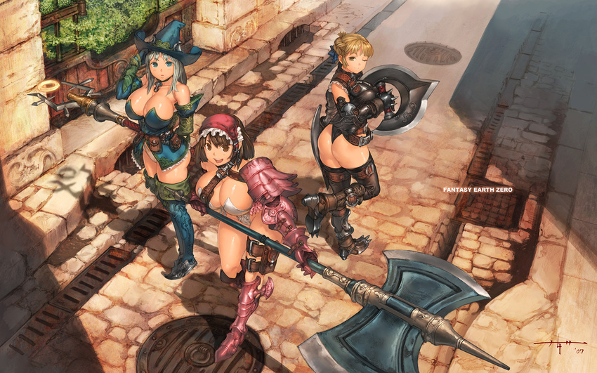 :d :o ;) adjusting_clothes adjusting_hat arm_behind_back armor armored_boots ass asymmetrical_armor axe bangs bare_shoulders battle_axe belt black_leotard blonde_hair blue_eyes boots bra breasts brown_eyes brown_hair buckle bustier chakram cleavage collar copyright_name elbow_gloves elbow_pads fantasy_earth fantasy_earth_zero frills gauntlets gloves grate greaves hair_ribbon hairband halberd hat highres holding holding_weapon huge_breasts jewelry kanda_(ura-kanda) knife large_breasts leotard looking_at_viewer looking_back mage manhole manhole_cover multiple_girls no_pants one_eye_closed open_mouth outdoors panties parted_lips pauldrons pavement pendant plant polearm poleaxe pouch ribbon ringed_eyes shadow short_hair silver_hair smile spiked_gloves staff standing standing_on_one_leg strapless sunlight sunset thigh_boots thigh_strap thighhighs twilight underwear utility_belt walking wallpaper warrior_(fantasy_earth) weapon white_bra white_hair white_panties windfire_wheel witch witch_hat yellow_eyes
