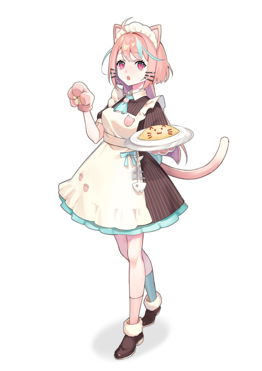 1girl absurdres ahoge animal_ears animal_hands aqua_hair aqua_legwear ascot asymmetrical_legwear bangs botantouki brooch brown_footwear cat_ears cat_paws cat_tail dress food full_body fur-trimmed_footwear highres holding holding_plate jewelry long_hair looking_at_viewer maid maid_headdress mismatched_legwear multicolored_hair omurice open_mouth original pink_eyes pink_legwear plate short_dress short_sleeves simple_background solo standing streaked_hair tail two-tone_hair white_background