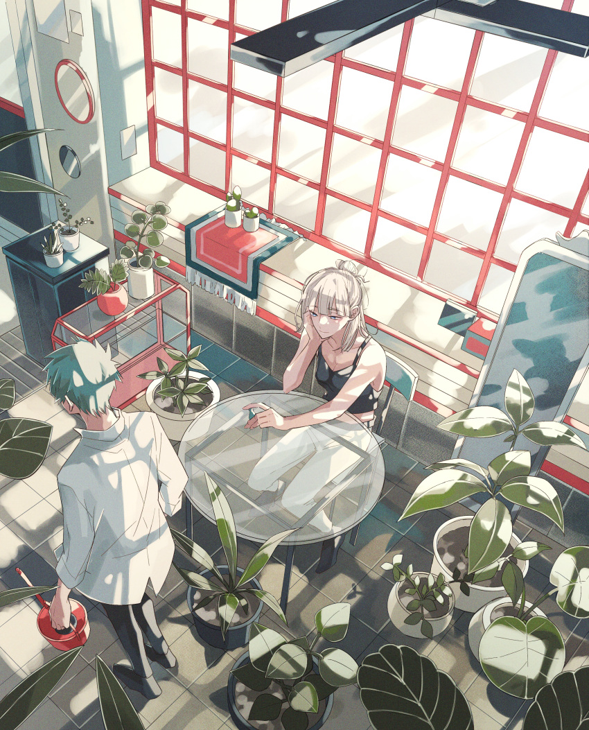 1boy 1girl absurdres black_pants blonde_hair blue_eyes commentary_request day dress_shirt from_above glass_table green_hair hair_bun half_updo head_rest highres holding holding_watering_can indoors long_hair long_sleeves midriff multiple_sources namidashiro original pants plant potted_plant scenery shirt short_hair sitting standing sunlight table tile_floor tiles watering_can white_pants white_shirt window