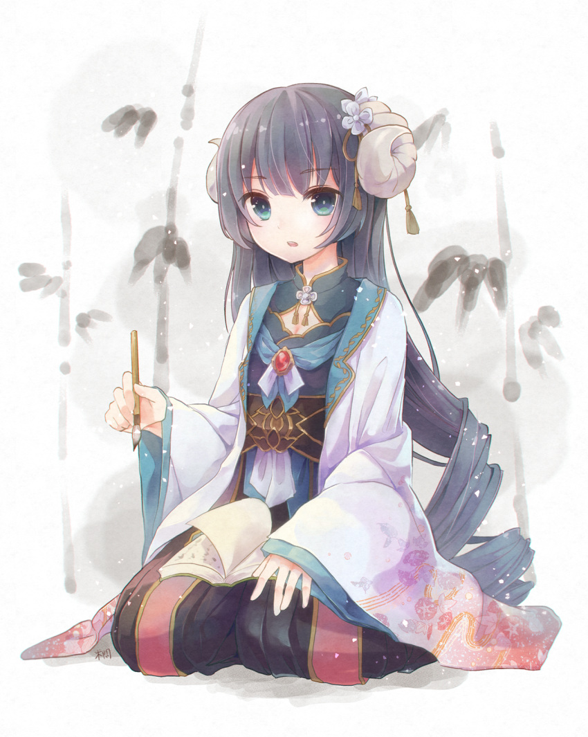 bamboo bangs black_hair blue_eyes book breasts cleavage cleavage_cutout clothing_cutout commentary_request curled_horns eyebrows_visible_through_hair flower full_body hair_flower hair_ornament highres holding holding_paintbrush horns long_hair long_sleeves looking_at_viewer open_book open_clothes original paintbrush parted_lips seiza sitting sleeves_past_wrists small_breasts solo very_long_hair white_background white_flower wide_sleeves yonema