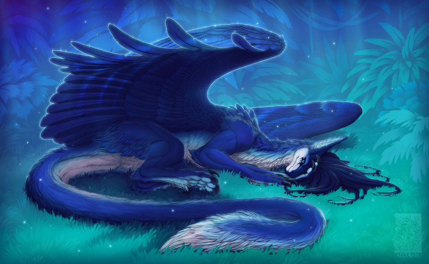 2022 4r bl blue_eyes blue_hair detailed_background digital_media_(artwork) dragon forest fur furred_dragon grass hair hi_res keltaan night outside plant tree ue_fur white_body white_fur