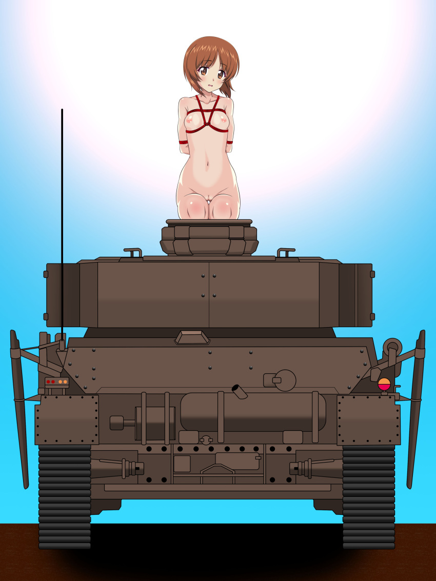 1girl absurdres bangs bdsm bondage bound bound_arms breasts brown_eyes brown_hair completely_nude girls_und_panzer ground_vehicle highres looking_at_viewer maruze_circus military military_vehicle motor_vehicle nipples nishizumi_miho nude on_vehicle panzerkampfwagen_iv red_rope rope shibari short_hair sitting small_breasts solo tank