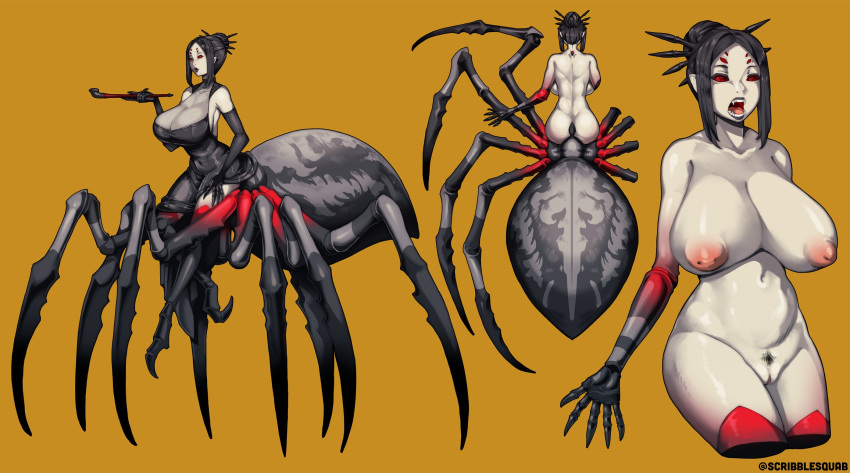 accessory arachnid arachnid_taur araneomorph arthropod arthropod_taur big_breasts black breasts clothed clothing female hair_accessory hi_res humanoid model_sheet nipples nude open_mouth pipe pubic_hair_peek puffy_nipples scrib_squab solo spider spider_taur taur theridiid widow_spider