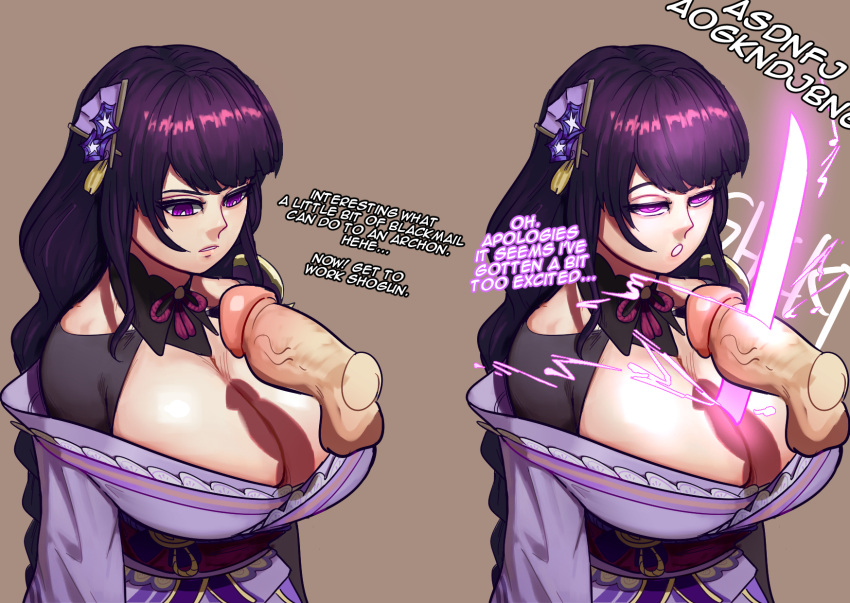 ... 1girl alternate_breast_size bathsalts between_breasts blackmail breasts closed_mouth english_commentary english_text fan_hair_ornament genshin_impact hair_ornament highres large_breasts long_hair looking_up open_mouth penis purple_eyes purple_hair raiden_shogun shiny shiny_hair sword sword_between_breasts testicles weapon