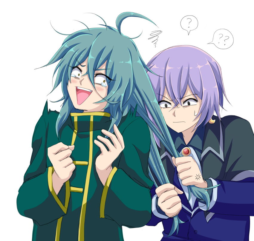 2boys :d ? ?? ahoge anger_vein aqua_hair ascot ashe_bradley black_eyes blue_jacket blue_shirt blush brooch capelet confused crescent crescent_earrings earrings grabbing_another's_hair green_shirt grey_capelet hair_between_eyes hair_down jacket jewelry long_hair male_focus messy_hair moon-realm motion_lines multiple_boys pain purple_hair shirt short_hair single_earring sirius_gibson smile spoken_question_mark sweatdrop tearing_up teeth triangle_mouth upper_body upper_teeth v-shaped_eyebrows white_background wide-eyed witch's_heart yellow_eyes