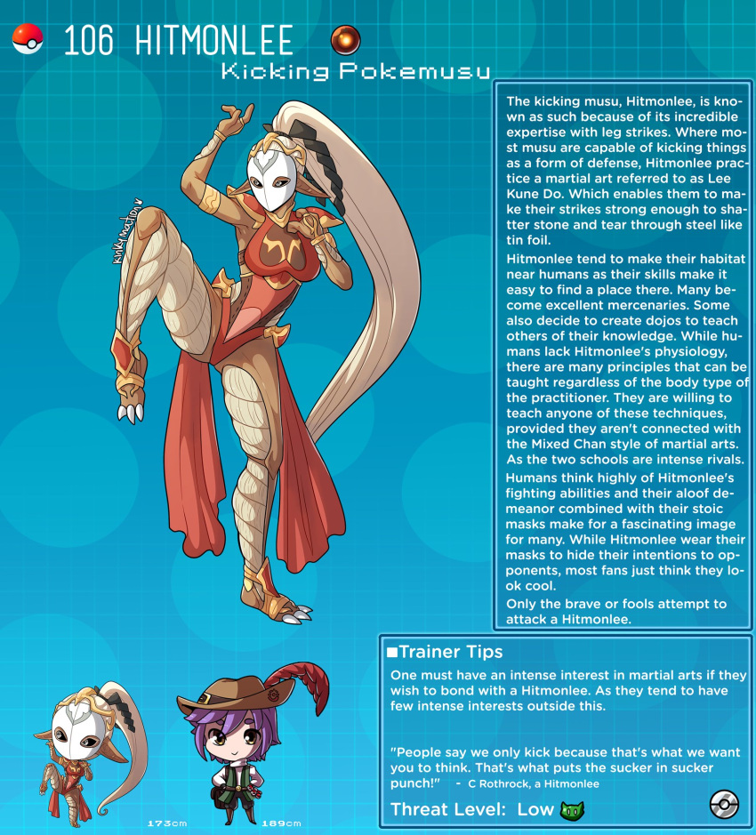 1boy artist_name character_name character_profile character_sheet dark_skin english_commentary english_text hair_ornament hat_feather highres hitmonlee kinkymation leg_up long_hair mask monster_girl personification pointy_ears poke_ball poke_ball_(basic) pokemon purple_hair very_long_hair white_hair