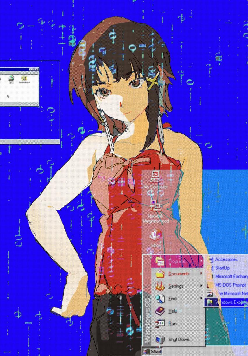 1girl asymmetrical_hair bare_shoulders brown_eyes brown_hair camisole cloudyooooo ear_piercing earrings eyebrows_visible_through_hair glitch hair_ornament hairclip highres iwakura_lain jewelry looking_at_viewer piercing serial_experiments_lain short_hair single_sidelock smile solo window_(computing) windows_95 x_hair_ornament