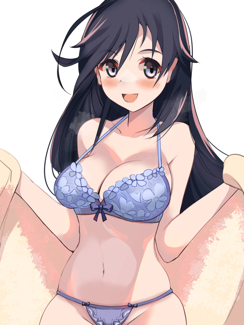 1girl :d ahoge bangs black_eyes black_hair blaze_(artist) blue_bra blue_panties blush bra commentary girls_und_panzer highres holding holding_towel isuzu_hana long_hair looking_at_viewer navel panties simple_background smile solo towel underwear underwear_only white_background