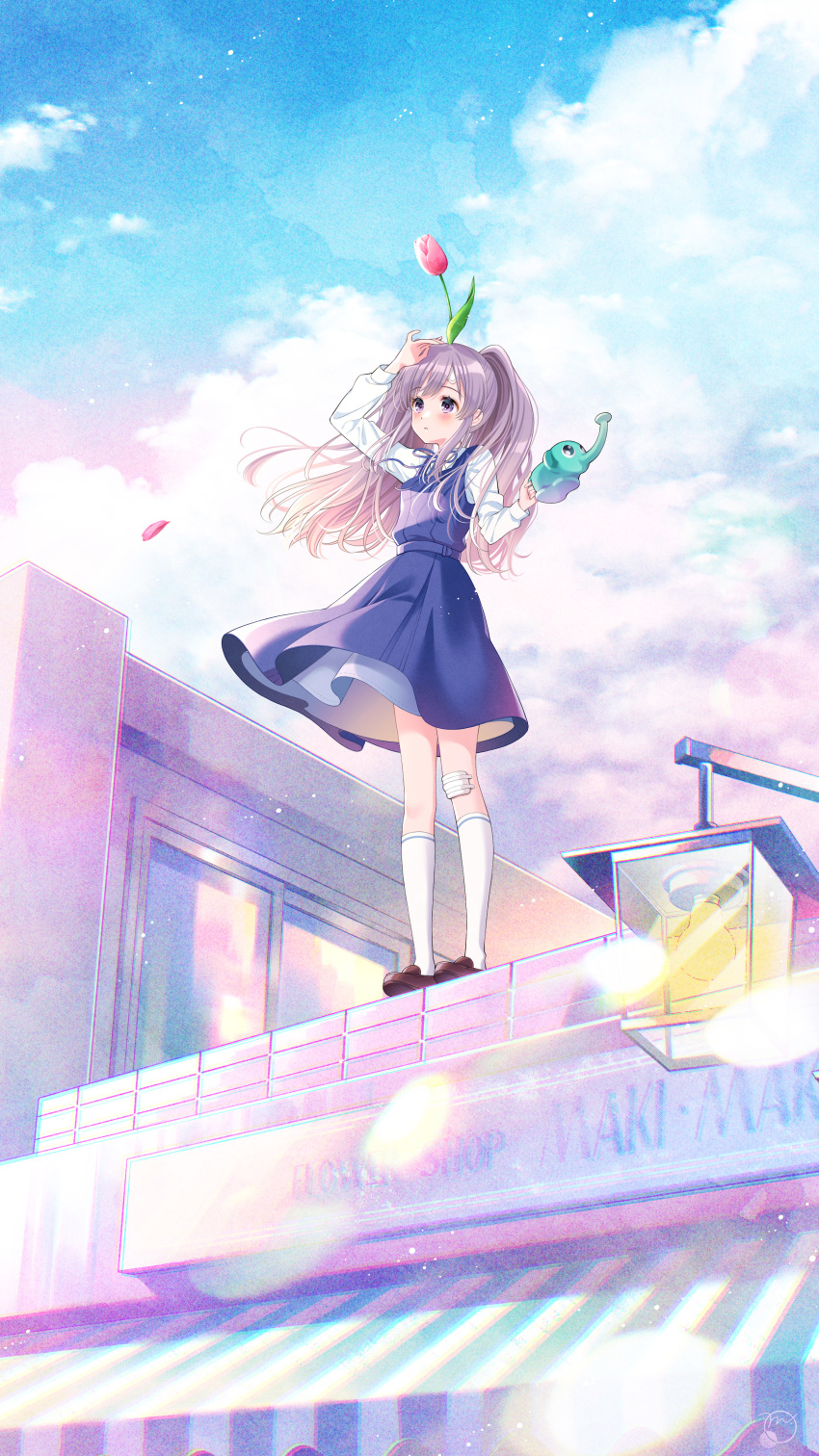1girl absurdres bandaged_leg bandages bandaid bandaid_on_face bandaid_on_forehead blue_dress blush brown_footwear bubbles_m dress flower flower_on_head full_body grey_hair highres holding holding_watering_can idolmaster idolmaster_shiny_colors kneehighs lamppost ledge loafers long_hair long_sleeves outdoors pinafore_dress purple_eyes rooftop shoes sky solo standing storefront twintails watering_can white_legwear wind wind_lift yukoku_kiriko