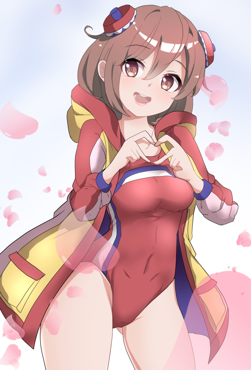 1girl akonanosu brown_eyes brown_hair bun_cover cowboy_shot double_bun heart heart_hands highres hood hooded_coat hoodie looking_at_viewer miroku_(station_memories) open_mouth red_swimsuit round_teeth short_hair smile solo station_memories swimsuit teeth upper_teeth