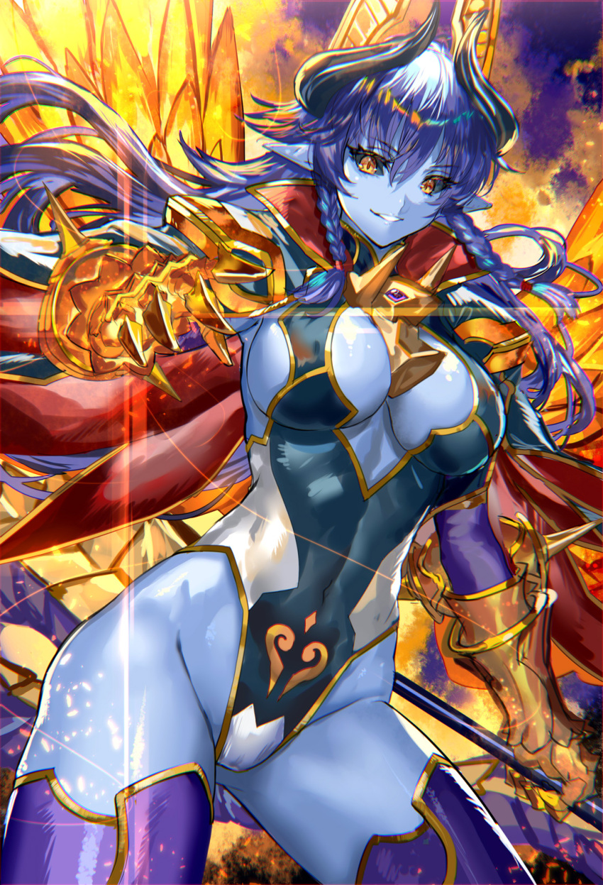 1girl astaroth_(shinrabanshou) black_horns black_sclera blue_hair blue_skin braid breasts cleavage colored_sclera colored_skin commentary_request covered_navel demon_girl gauntlets highres holding holding_polearm holding_weapon horns large_breasts leotard long_hair looking_at_viewer parted_lips pointy_ears polearm purple_legwear ran'ou_(tamago_no_kimi) shinrabanshou smile solo thighs twin_braids weapon yellow_eyes