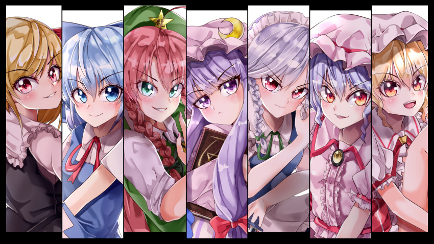 6+girls apron beret black_vest blonde_hair blue_bow blue_dress blue_eyes blue_hair blue_vest book bow braid breasts brooch center_frills cirno closed_mouth collared_shirt commentary_request crescent crescent_hat_ornament dress eyebrows_visible_through_hair fangs flandre_scarlet frilled_apron frilled_shirt frilled_shirt_collar frilled_sleeves frills from_behind frown green_eyes green_headwear green_ribbon green_vest grey_hair hair_between_eyes hair_bow hat hat_ornament hat_ribbon head_tilt highres holding holding_book hong_meiling hugging_own_legs izayoi_sakuya jewelry long_hair looking_at_viewer maboroshi_mochi maid_headdress medium_hair mob_cap multiple_girls neck_ribbon open_mouth orange_eyes patchouli_knowledge pinafore_dress pink_dress pink_headwear pink_shirt puffy_short_sleeves puffy_sleeves purple_eyes purple_hair red_eyes red_hair red_ribbon remilia_scarlet ribbon rumia shiny shiny_hair shirt short_hair short_sleeves single_braid small_breasts star_(symbol) star_hat_ornament striped striped_dress teeth touhou twin_braids upper_body upper_teeth v-shaped_eyebrows very_long_hair vest waist_apron white_apron white_headwear white_shirt yellow_brooch