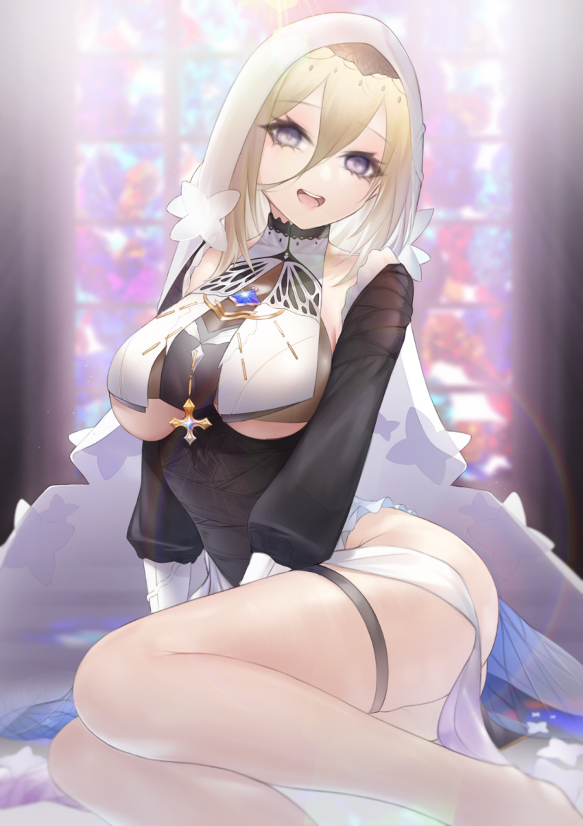 1girl aponia_(honkai_impact) bangs breasts hair_between_eyes highres honkai_(series) honkai_impact_3rd large_breasts light_brown_hair long_sleeves looking_at_viewer mari_(doraerin0) nun open_mouth purple_eyes sitting smile solo teeth thigh_strap underboob upper_teeth veil