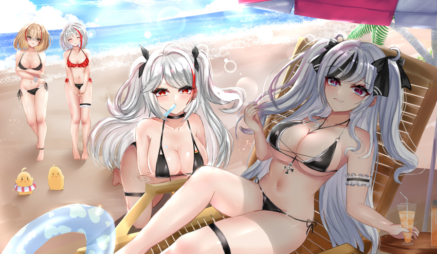 4girls absurdres admiral_graf_spee_(azur_lane) alternate_costume azur_lane beach beach_umbrella bent_over bikini black_bikini black_choker black_hair black_ribbon blonde_hair blue_innertube breasts choker closed_eyes cross day dutch_angle elbe_(azur_lane) frilled_bikini frills hair_ribbon highres innertube iron_cross long_hair looking_at_viewer medium_breasts medium_hair mismatched_bikini multicolored_hair multiple_girls official_alternate_costume orange_eyes prinz_eugen_(azur_lane) prinz_eugen_(unfading_smile)_(azur_lane) purple_eyes red_bikini red_hair rei_tuki ribbon roon_(azur_lane) round_table shadow side-tie_bikini small_breasts streaked_hair swimsuit thigh_strap two-tone_hair umbrella v_arms very_long_hair water white_hair yellow_eyes