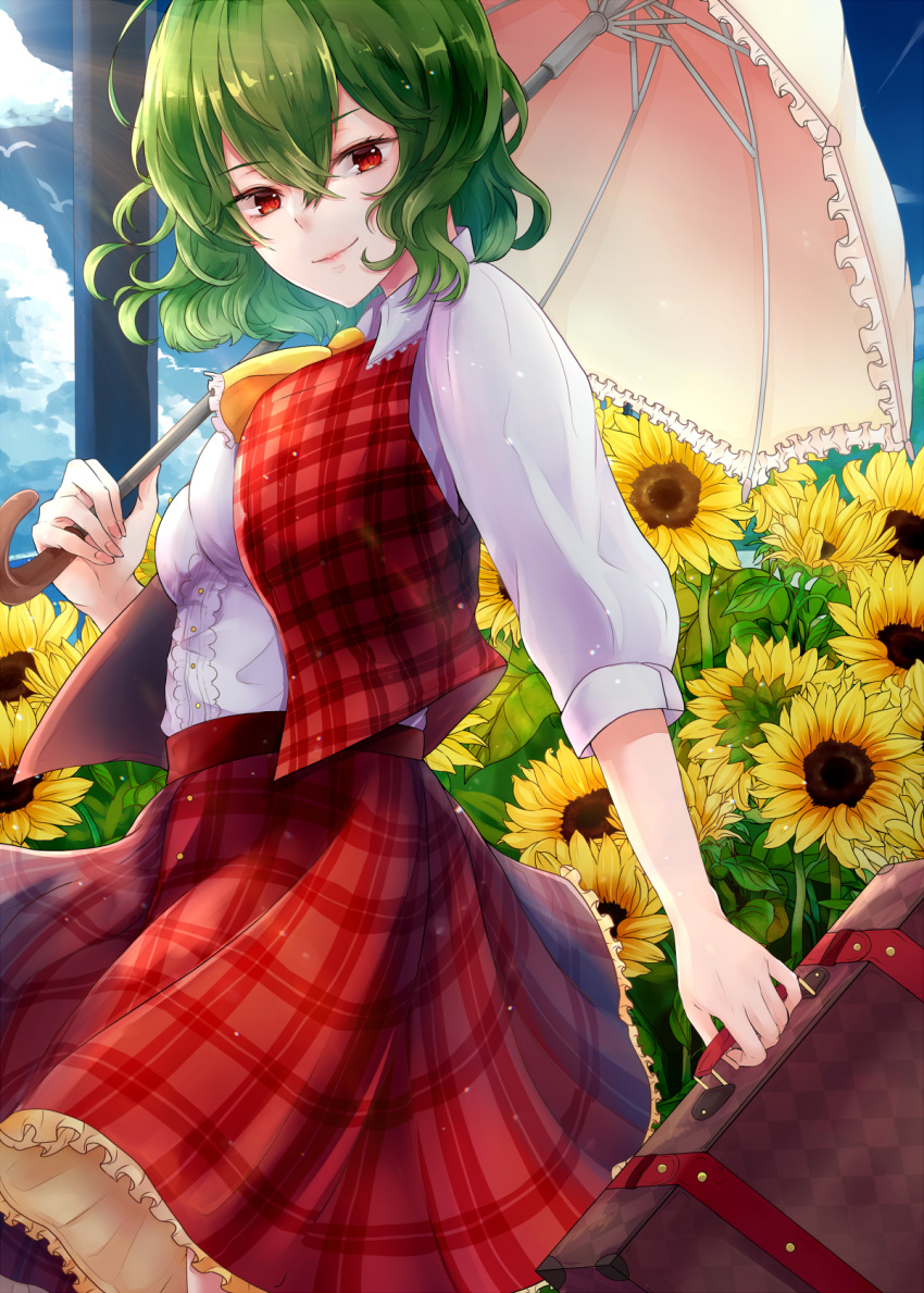 7comachi7 ascot bird blue_sky breasts buttons cloud collared_shirt day eyebrows_visible_through_hair eyelashes field fingernails flower flower_field frilled_ascot frilled_skirt frilled_umbrella frills garden_of_the_sun green_hair hair_between_eyes highres holding holding_umbrella kazami_yuuka lips long_skirt looking_at_viewer medium_breasts open_clothes open_vest outdoors parasol plaid plaid_skirt red_eyes shirt short_hair skirt sky sleeves_past_elbows smile solo suitcase sunflower touhou umbrella vest wavy_hair white_shirt yellow_ascot