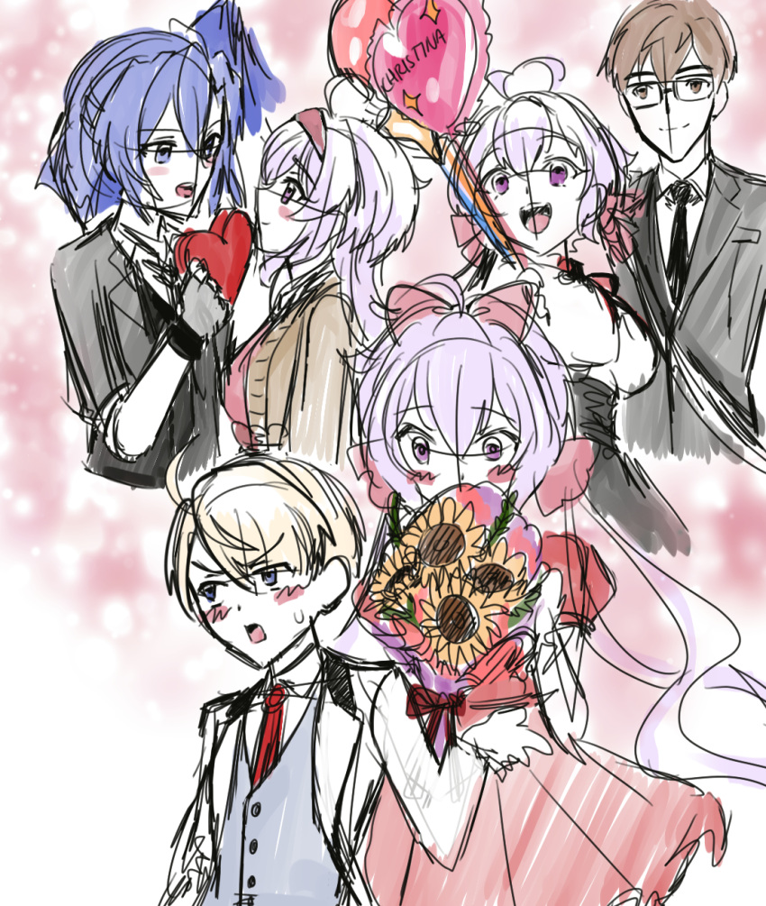 axia-chan balloon blonde_hair blue_hair blush bow breasts brown_hair business_suit cleavage fingerless_gloves flower formal glasses gloves hair_ornament headband heart_balloon highres jacket_rolled_up kazanari_tsubasa_(another) large_breasts long_hair medium_breasts multiple_girls necktie ogawa_shinji_(symphogear) open_mouth ponytail ribbon senki_zesshou_symphogear senki_zesshou_symphogear_xd_unlimited shiny shiny_hair short_hair smile suit sunflower sweater thighhighs unfinished white_day white_hair yukine_chris yukine_chris_(another)