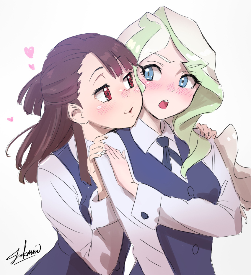 2girls absurdres blue_eyes blush brown_hair cheek-to-cheek diana_cavendish green_hair hands_on_another's_shoulders heads_together heart highres kagari_atsuko little_witch_academia long_hair long_sleeves multicolored_hair multiple_girls nose_blush open_mouth red_eyes signature simple_background smile takami_masahiro two-tone_hair upper_body vest wavy_hair white_background white_hair yuri