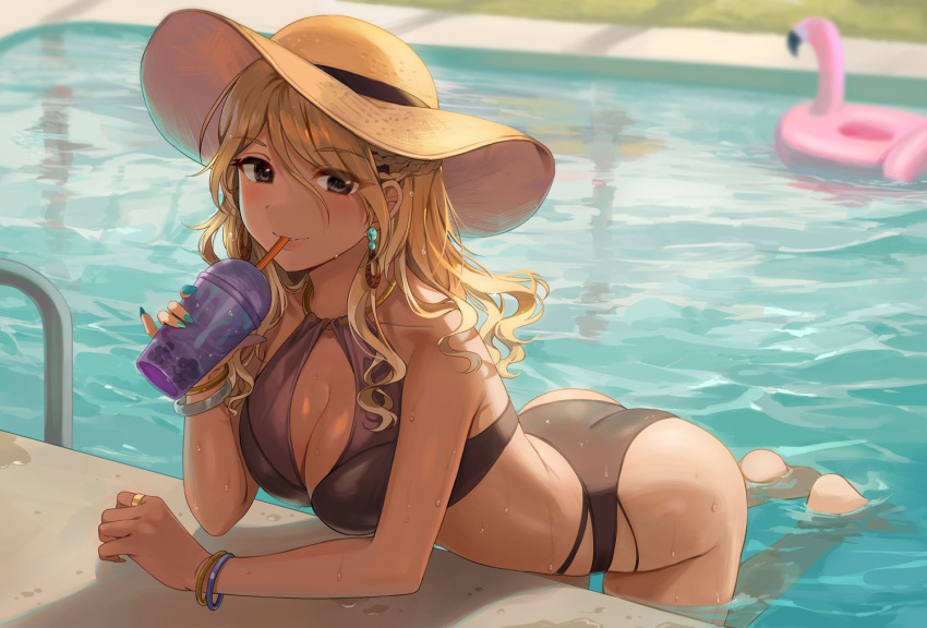 1girl ass bikini black_eyes blonde_hair blush bracelet braid breasts brown_hair bubble_tea cleavage cup disposable_cup drinking drinking_straw_in_mouth earrings eyebrows_visible_through_hair floating gijang gradient_hair gyaru hair_between_eyes hat idolmaster idolmaster_shiny_colors inflatable_flamingo izumi_mei jewelry large_breasts long_eyelashes long_hair looking_at_viewer multicolored_hair nail_polish outdoors parted_lips pinky_out pool ring side_braid solo straw_hat swimsuit tan wavy_hair