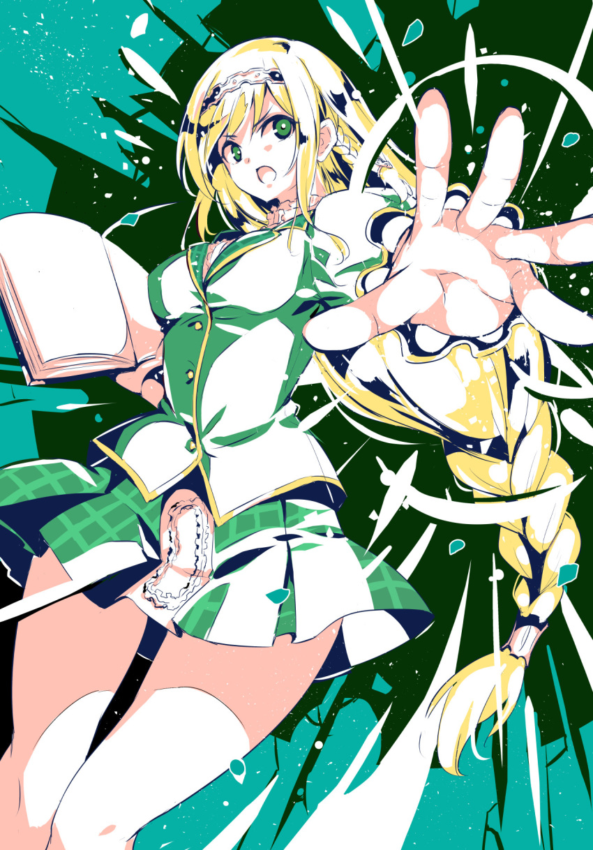 1girl :o black_hairband blonde_hair book braid bright_pupils clarissa_snowflake green_background green_eyes green_jacket green_skirt hairband highres holding holding_book jacket long_hair looking_to_the_side open_mouth sakura_taisen sdwing shin_sakura_taisen skirt solo textless v-shaped_eyebrows very_long_hair white_pupils