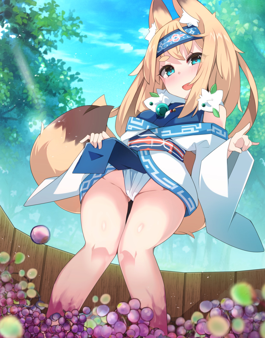 1girl absurdres animal_ear_fluff animal_ears ass_visible_through_thighs blue_eyes blue_kimono brown_hair clothes_lift cloud food fox_ears fox_girl fox_shadow_puppet fox_tail fruit fundoshi grape_stomping grapes groin hairband highres japanese_clothes kimono kimono_lift lifted_by_self long_hair off_shoulder open_mouth original outdoors shadow_puppet sky smile solo tail thigh_gap thighs underwear white_kimono zamudelin