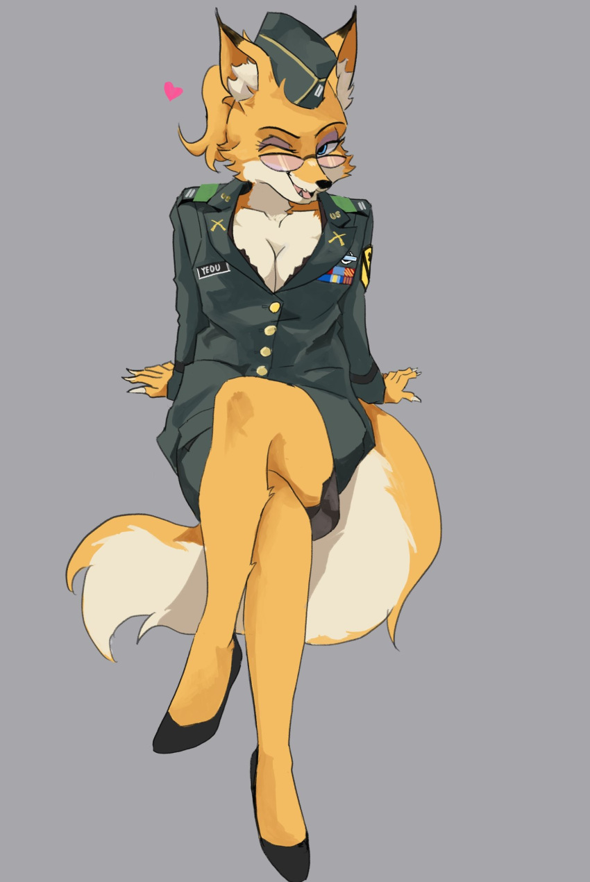 &lt;3 2022 anthro black_nose breasts canid canine claws cleavage clothed clothing crossed_legs ear_tuft eyelashes eyewear fangs female footwear fox fur glasses hat headgear headwear hi_res looking_at_viewer lt._fox_vixen makeup mammal military_uniform multicolored_body multicolored_fur one_eye_closed open_mouth sek_studios shoes simple_background sitting solo squirrel_and_hedgehog tuft two_tone_body two_tone_fur uniform wanii wink