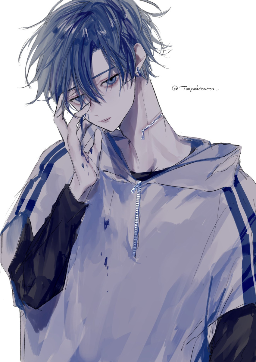 1boy adam's_apple black_shirt blue_eyes blue_hair earrings hand_on_own_face highres hood hooded_sweater jewelry long_sleeves looking_at_viewer male_focus original parted_bangs shirt short_hair signature solo sweater taiyakitarou upper_body zipper