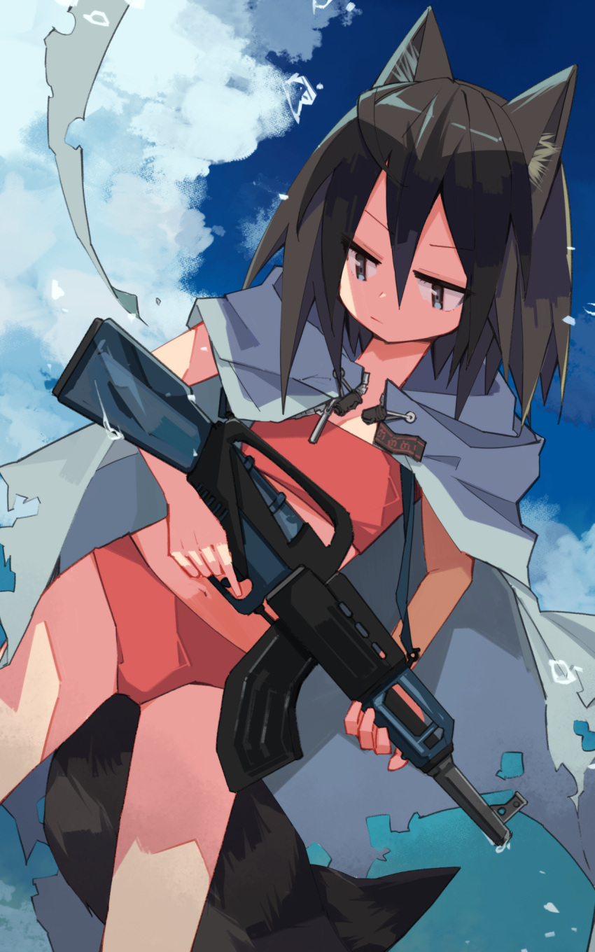 1girl :| animal_ear_fluff animal_ears bangs bikini black_hair blue_sky cloak closed_mouth cloud commentary common_raccoon_(kemono_friends) day grey_eyes gun hair_between_eyes highres kemono_friends looking_away machine_gun medium_hair nanana_(nanana_iz) navel outdoors raccoon_ears raccoon_girl raccoon_tail red_bikini sky solo swimsuit tail trigger_discipline water_drop weapon white_cloak