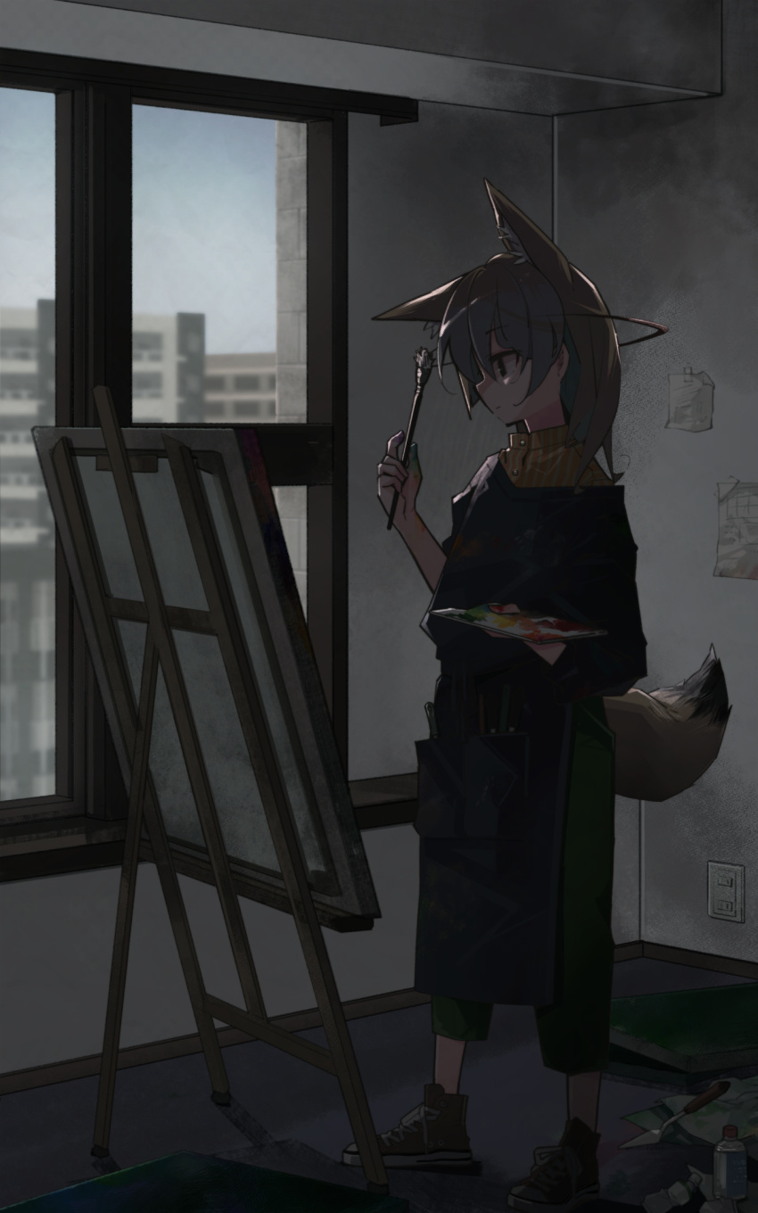 1girl alternate_costume animal_ears apron blonde_hair canvas_(object) capri_pants casual collared_shirt commentary_request easel extra_ears fennec_(kemono_friends) fox_ears fox_girl fox_tail green_pants highres kemono_friends multicolored_hair nanana_(nanana_iz) paintbrush painting_(object) pants shirt shoes short_hair sneakers solo striped striped_shirt tail white_hair yellow_shirt
