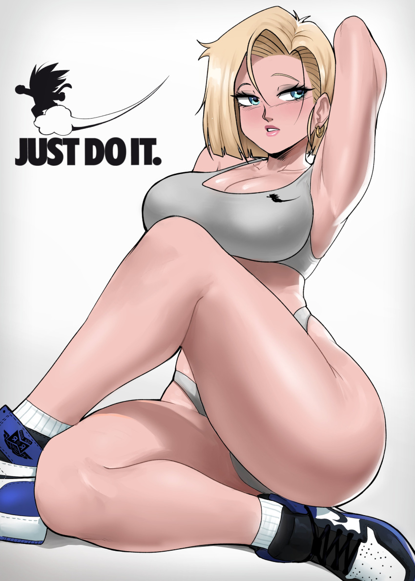 1girl absurdres android_18 ankle_socks arm_up armpits bare_legs blonde_hair blue_eyes blue_nails breasts cleavage crossed_legs dragon_ball dragon_ball_z echo_saber english_commentary full_body grey_shorts grey_sports_bra highleg_shorts highres just_do_it_(meme) large_breasts leg_up lips looking_away makeup mascara meme nike shoes short_hair short_shorts shorts sitting sneakers socks solo sports_bra white_legwear