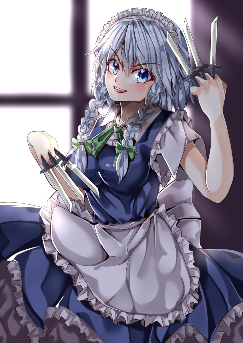 1girl absurdres apron backlighting between_fingers blue_eyes blue_hair blue_skirt blue_vest braid collared_shirt commentary_request cowboy_shot eyebrows_visible_through_hair frilled_apron frilled_skirt frilled_vest frills green_neckerchief head_tilt highres holding holding_knife indoors izayoi_sakuya knife knives_between_fingers looking_at_viewer maboroshi_mochi maid_headdress medium_hair neckerchief open_mouth shirt short_sleeves skirt skirt_set solo teeth touhou twin_braids upper_teeth v-shaped_eyebrows vest waist_apron white_apron white_shirt window