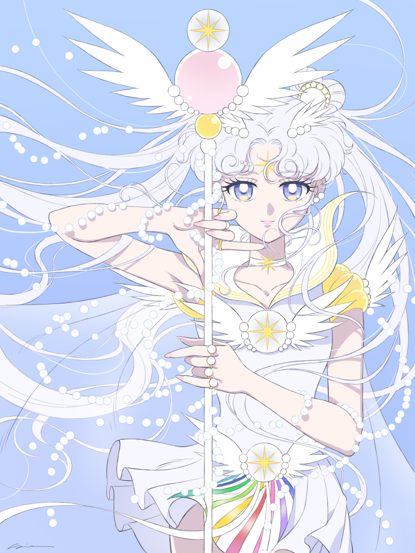 1girl absurdres bangs beads bishoujo_senshi_sailor_moon blue_background choker collarbone double_bun english_commentary facial_mark floating_hair forehead_mark highres holding holding_staff long_hair parted_bangs purple_eyes sailor_cosmos sidney_deng solo staff twintails white_choker white_hair wings