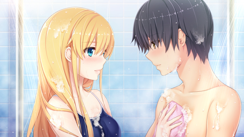 1boy 1girl akino_subaru bangs bethly_rose_daisley blonde_hair blue_eyes blue_swimsuit blush breasts brown_eyes closed_mouth collarbone couple eye_contact eyebrows_visible_through_hair game_cg gin'iro_haruka grey_hair hair_between_eyes hetero long_hair looking_at_another medium_breasts niimi_yukito school_swimsuit shiny shiny_hair short_hair showering smile soap straight_hair swimsuit upper_body wet wet_hair