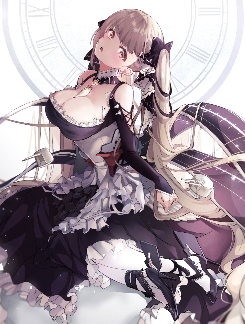 1girl absurdres azur_lane bare_shoulders between_breasts black_dress black_footwear black_ribbon breasts cleavage clothing_cutout deepeedx detached_collar dress flight_deck formidable_(azur_lane) frilled_dress frills from_side full_body grey_hair hair_ribbon high_heels highres large_breasts long_hair looking_at_viewer looking_to_the_side necktie necktie_between_breasts pantyhose red_eyes ribbon rigging shoes shoulder_cutout solo twintails two-tone_dress two-tone_ribbon very_long_hair white_dress white_legwear white_ribbon