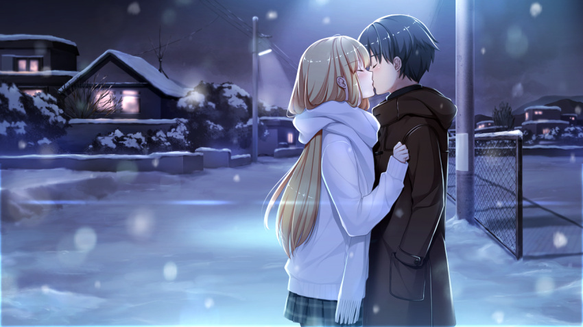 1boy 1girl akino_subaru bethly_rose_daisley black_hair blonde_hair brown_coat closed_eyes coat couple from_side game_cg gin'iro_haruka grey_skirt hetero hood hood_down hooded_coat kiss long_hair long_sleeves miniskirt niimi_yukito non-web_source outdoors plaid plaid_skirt pleated_skirt scarf shiny shiny_hair short_hair skirt snowing very_long_hair white_coat white_scarf winter