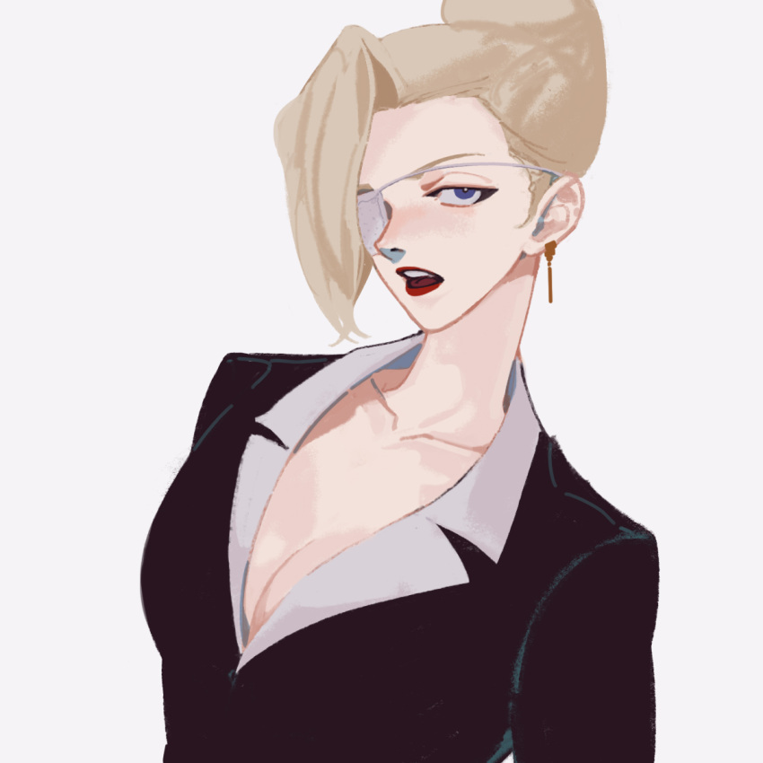 1girl bandage_over_one_eye bandages black_suit blonde_hair blue_eyes breasts cleavage collarbone earrings eyepatch formal hair_over_one_eye hexermer high_ponytail highres jacket jewelry mature_(kof) open_mouth parted_lips ponytail solo suit the_king_of_fighters the_king_of_fighters_xiii upper_body