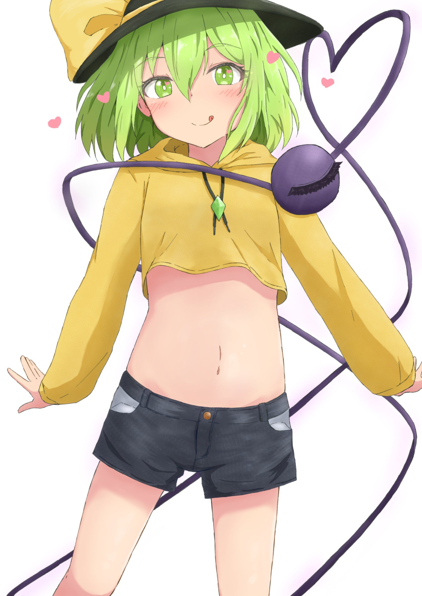 1girl :q absurdres alternate_costume bangs black_headwear blush bow bright_pupils closed_mouth contemporary cowboy_shot crop_top eyeball green_eyes green_hair hat hat_bow hat_ribbon heart heart_of_string highres koishi_day komeiji_koishi long_sleeves looking_at_viewer medium_hair mizune_(winter) navel ribbon shirt short_shorts shorts simple_background smile solo standing third_eye tongue tongue_out touhou wavy_hair white_background yellow_bow yellow_ribbon yellow_shirt