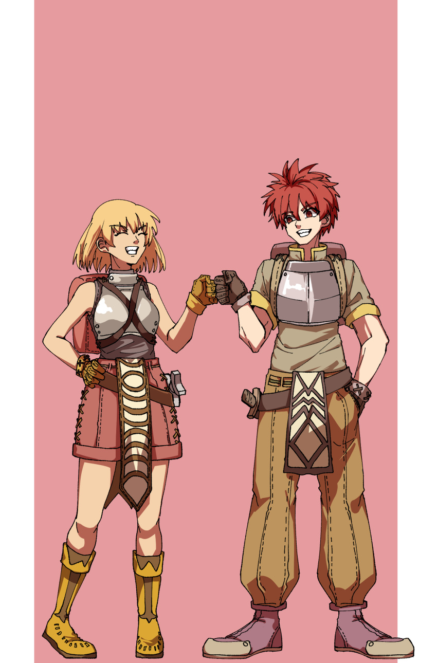1boy 1girl armor bangs belt blonde_hair boots breastplate brown_belt brown_footwear brown_gloves brown_pants brown_shirt closed_eyes commentary_request eyebrows_visible_through_hair fist_bump full_body gloves green_shirt grin hair_between_eyes highres looking_at_another looking_to_the_side novice_(ragnarok_online) pants pink_background pink_shorts ragnarok_online red_eyes red_hair shirt shoes short_hair short_sleeves shorts sleeveless sleeveless_shirt smile white_background yanagimoto_hikari