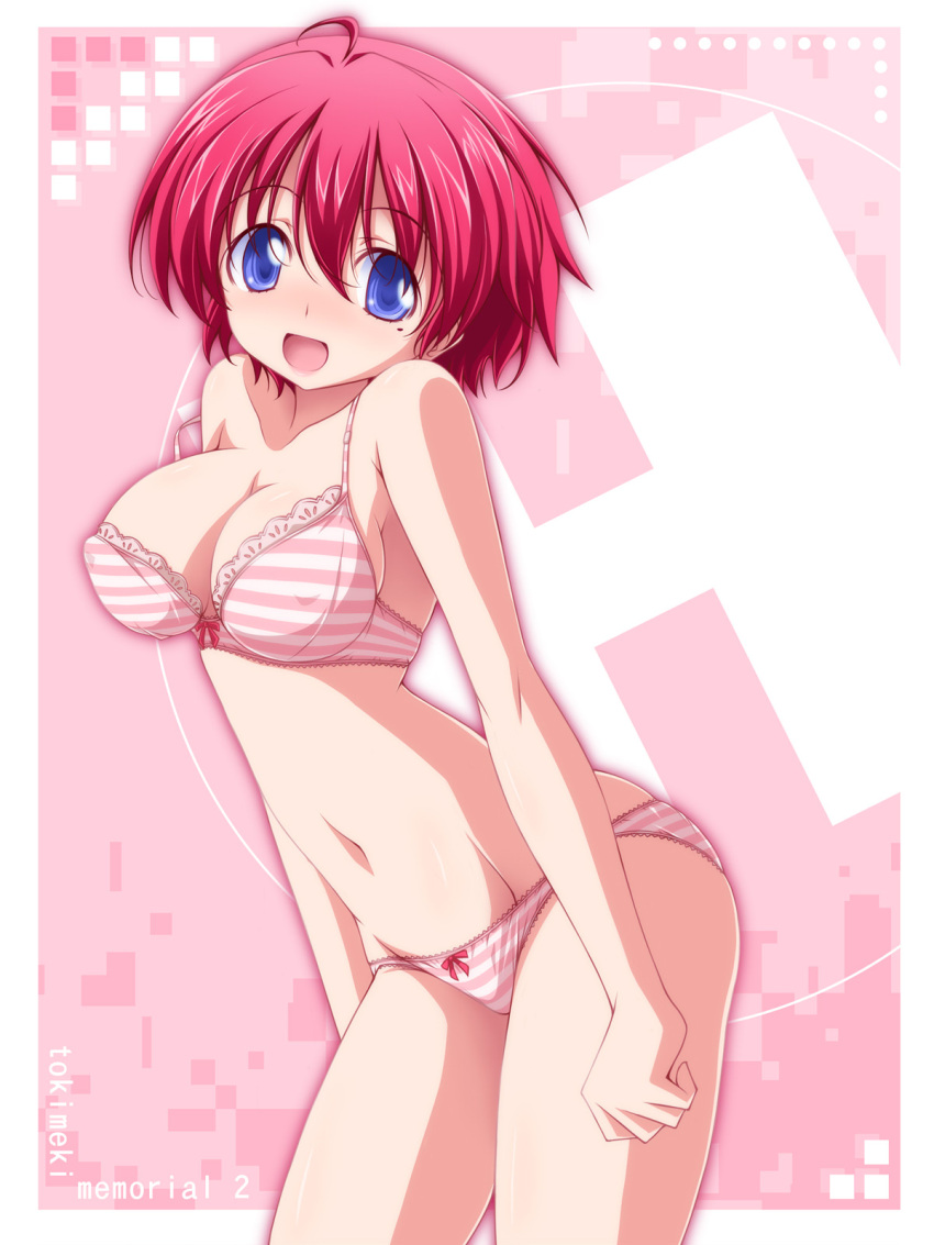 1girl :d bangs blue_eyes border bow bow_bra bow_panties bra breasts cleavage commentary_request copyright_name cowboy_shot highres hinomoto_hikari kikuchi_tsutomu lace-trimmed_bra lace-trimmed_panties lace_trim leaning_forward medium_breasts mole mole_under_eye navel outside_border panties pink_background pink_bra pink_panties red_hair short_hair smile solo standing striped striped_bra striped_panties tokimeki_memorial tokimeki_memorial_2 underwear underwear_only white_border