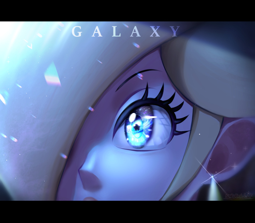 1girl absurdres black_border blonde_hair border earrings eye_reflection face hair_over_one_eye highres jewelry lips mario_(series) nose one_eye_closed reflection rosalina sarukaiwolf solo super_mario_galaxy super_mario_galaxy_2 upper_body