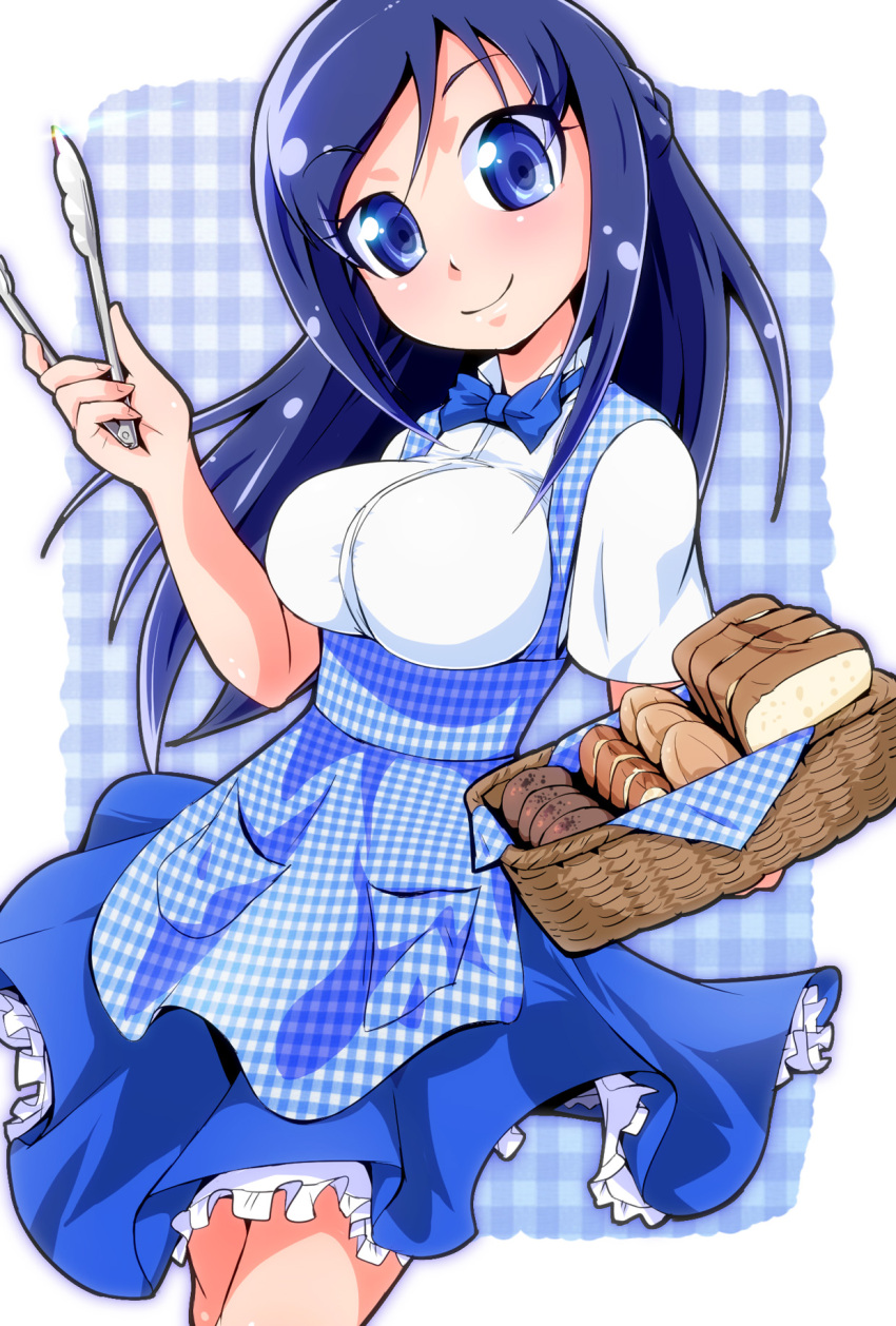 1girl alternate_breast_size alternate_costume apron basket blue_apron blue_bow blue_bowtie blue_eyes blue_hair blue_skirt bow bowtie bread breasts checkered_apron dokidoki!_precure employee_uniform eyebrows_visible_through_hair food forehead gingham gingham_apron high-waist_skirt highres hishikawa_rikka holding holding_basket kobeya kobeya_uniform large_breasts long_hair plaid plaid_apron plaid_background pleated_shirt precure ryuuta_(cure_ryuuta) shirt skirt solo tongs uniform waitress white_background white_shirt