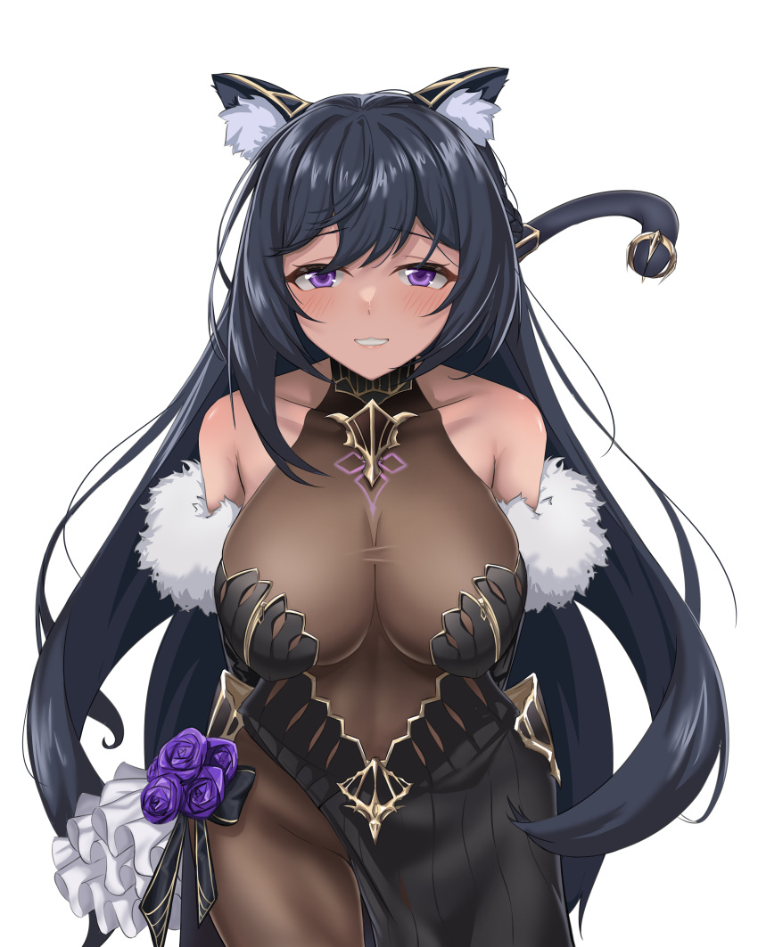 1girl :3 absurdres animal_ear_fluff animal_ears arms_behind_back bangs bare_shoulders black_dress black_ribbon blush bodystocking braid breasts carmen_(counter:side) cat_ears cat_tail chest_tattoo cleavage collarbone commentary counter:side cowboy_shot dark_blue_hair dress flower fur_trim gold_trim grin groin highres large_breasts leaning_forward long_hair looking_at_viewer purple_eyes purple_flower raised_eyebrows ribbon royalmonkey shiny shiny_hair side_slit simple_background smile solo tail tail_ornament tattoo transparent_background very_long_hair