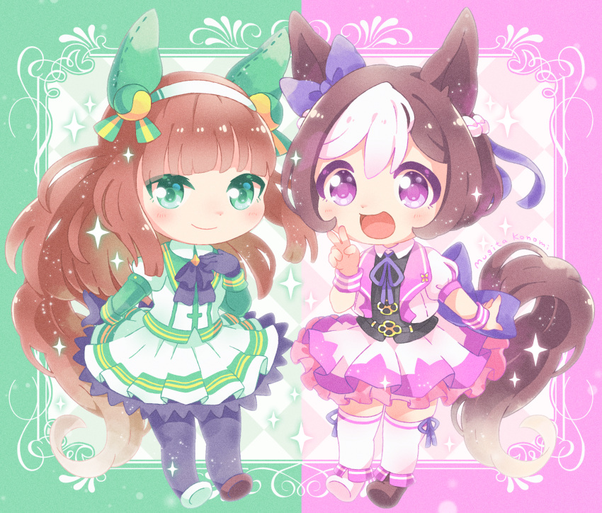 accessory animal_humanoid blush brown_hair chibi clothing dress duo equid equid_humanoid equine equine_humanoid female frilly frilly_clothing frilly_dress gesture green_background green_clothing green_dress green_eyes hair hair_accessory hair_bow hair_ribbon hi_res horse_humanoid humanoid kemono mammal mammal_humanoid mugita_konomi pink_clothing pink_dress purple_background purple_eyes ribbons silence_suzuka_(pretty_derby) simple_background sparkles special_week_(pretty_derby) uma_musume_pretty_derby v_sign