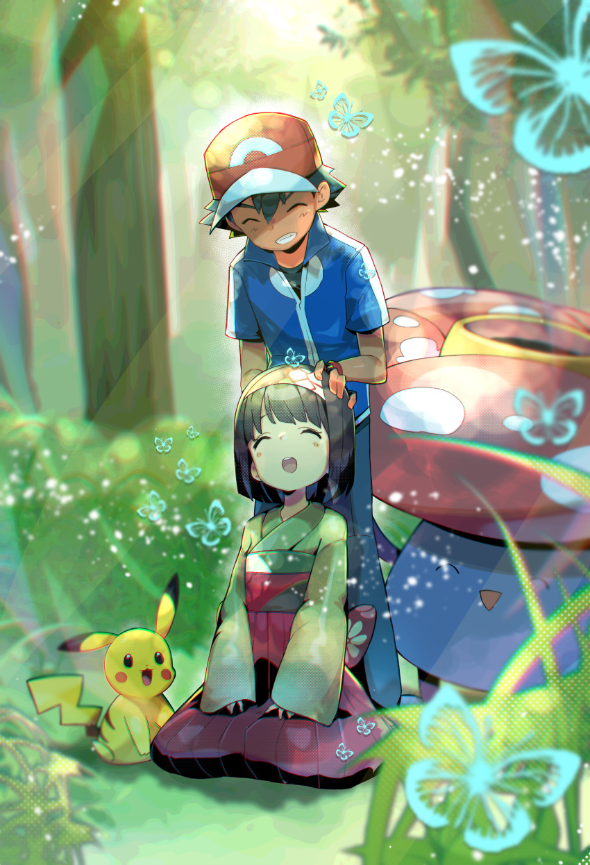 1boy 1girl absurdres ash_ketchum black_hair blue_pants blush bongnom bug bush butterfly commentary_request erika_(pokemon) forest grin hairband hakama headpat highres japanese_clothes kimono light_particles nature open_mouth outdoors pants pikachu pokemon pokemon_(anime) pokemon_(creature) pokemon_(game) pokemon_lgpe pokemon_xy_(anime) seiza sitting smile teeth upper_teeth vileplume