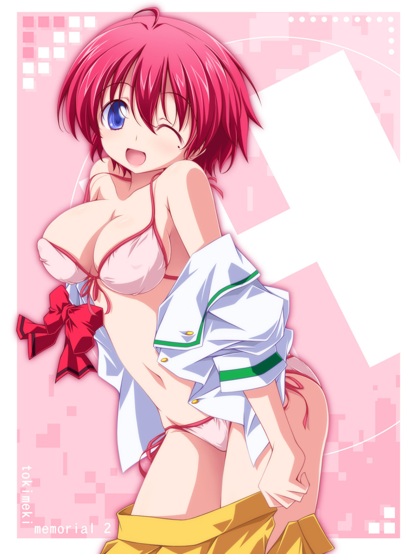 1girl ;d bangs bikini bikini_under_clothes blouse blue_eyes border bow breasts cleavage clothes_pull commentary_request copyright_name cowboy_shot eyebrows_visible_through_hair front-tie_bikini front-tie_top highres hinomoto_hikari kikuchi_tsutomu leaning_forward medium_breasts mole mole_under_eye navel off_shoulder one_eye_closed open_clothes open_shirt open_skirt opened_by_self outside_border pink_background pink_bikini pleated_skirt red_bow red_hair shirt short_hair short_sleeves side-tie_bikini skirt skirt_pull smile solo standing swimsuit tokimeki_memorial tokimeki_memorial_2 white_border white_shirt yellow_skirt