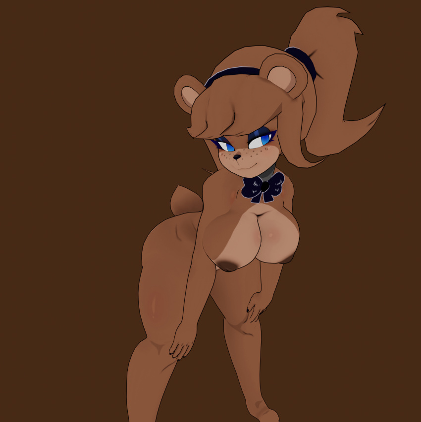 3d_(artwork) animatronic anthro bent_over big_breasts blender_(software) bow_tie breasts brown_body digital_media_(artwork) female five_nights_at_freddy's freddy_(fnaf) fredina's_nightclub fredina_(cally3d) genitals hair hi_res humanoid machine mammal nipples nude pinup ponytail pose robot scottgames simple_background smile snippwapp solo ursid video_games