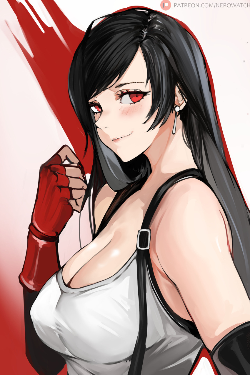 1girl absurdres bare_shoulders black_hair blush breasts cleavage crop_top detached_sleeves earrings eyelashes final_fantasy final_fantasy_vii fingerless_gloves gloves highres jewelry large_breasts long_hair looking_at_viewer nero_watch red_eyes red_gloves smile solo suspenders tank_top tifa_lockhart upper_body white_tank_top