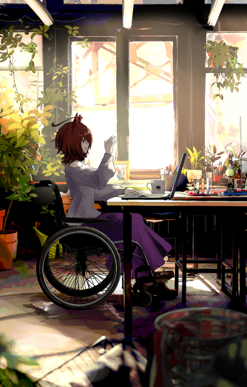 agnes_tachyon_(umamusume) ahoge animal_ears brown_eyes brown_hair bunsen_burner chef_no_kimagure_salad clamps computer cup door flowerpot glass_door hanging_plant highres horse_ears horse_girl laptop long_skirt long_sleeves manhattan_cafe_(umamusume) mug off-shoulder_shirt off_shoulder picture_(object) picture_frame plant potted_plant shirt short_hair skirt table test_tube test_tube_rack umamusume wheelchair window